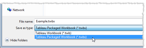 ตัวเลือกในการบันทึกเวิร์กบุ๊กเป็น Tableau Packaged Workbook