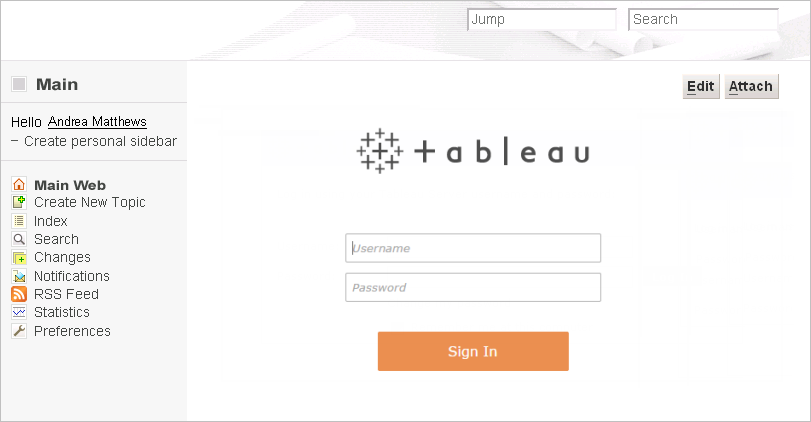 หน้าการเข้าสู่ระบบ Tableau ที่มีฟิลด์สำหรับชื่อผู้ใช้และรหัสผ่าน