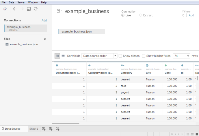 ตัวอย่างไฟล์ JSON เป็นแหล่งข้อมูล
