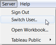 Tableau Server 菜单，其中突出显示了“切换用户”选项。