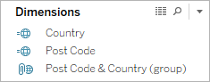 “数据”窗格的“维度”部分，其中包含“Post Code & Country”（邮政编码和国家/地区）组维度。