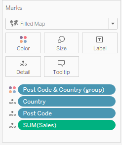 带有“Post Code & Country”（邮政编码和国家/地区）维度的“标记”卡的“颜色”部分。
