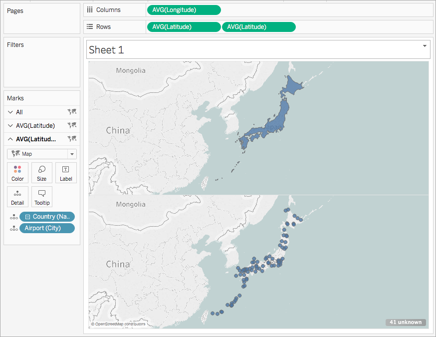 日本的双轴地图，一个地图位于另一个地图之上。一个地图是填充地图，另一个是点位图。