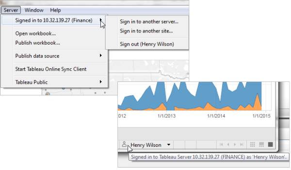 Tableau Server 菜单，显示打开工作簿、发布数据、注销等选项。菜单还显示用户当前的登录状态。