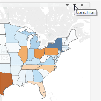 Tableau Desktop 中的美國東北部地圖，其中各州以藍色和橙色進行色彩編碼，並提供用作篩選器的選項。