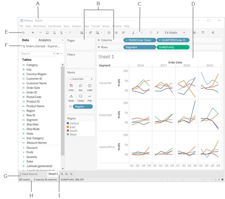 Tableau 工作簿，顯示 Tableau 工作空間的各部分。 