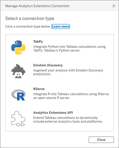 可能的連線類型對話方塊，包括 tabpy、Einstein Discovery、Rserve 和 Analytics Extension API