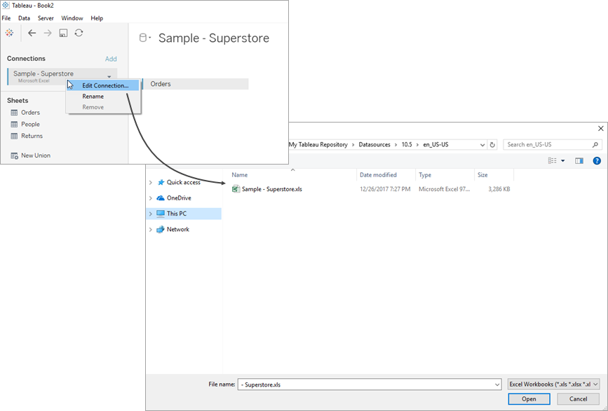 Tableau 視窗，顯示與 Microsoft Excel 檔案的連線。