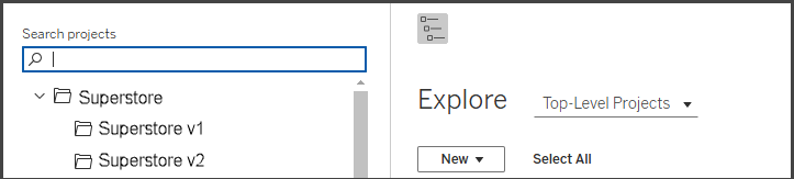 The project tree on the explore pane in Tableau Cloud.