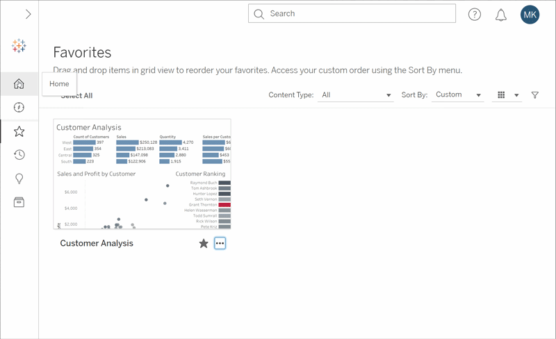 Access favorited workbooks on the Home tab in Tableau Cloud.