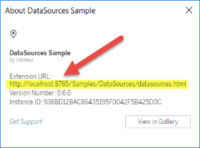 A dialog box with details on the data source sample extension, such as its URL, version number, and instance ID.
