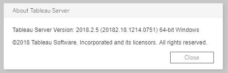 A dialog box with information about Tableau Server version and copyright.