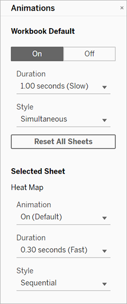 Animations pane with options to configure animations at the workbook or sheet level.