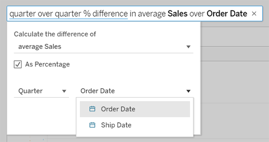 A dialog box shows options for calculating the difference in average sales over order date or ship date.