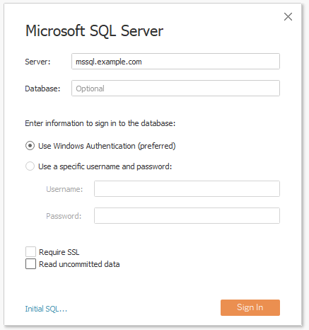 A dialog box with empty fields for signing into a Microsoft SQL Server to use for authentication.