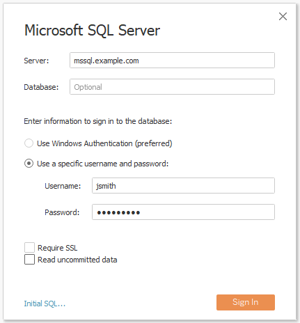 A dialog box with a username and password entered for signing into a Microsoft SQL Server to authenticate.