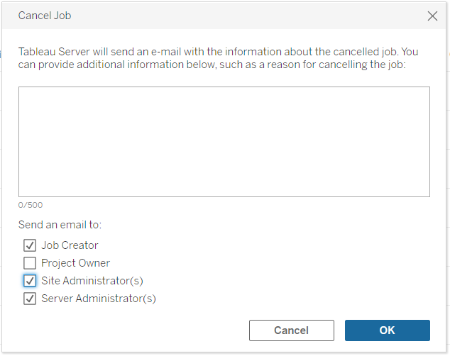 Cancel Job dialog box with the check box for sending an email to Site Administrators about cancelled jobs highlighted.