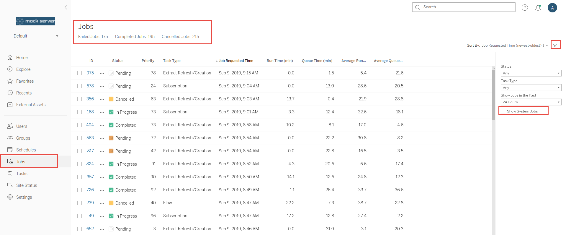 Show System Jobs checkbox on the job filter options.