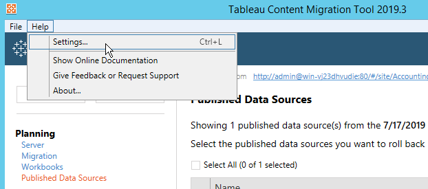 The Settings option in the Help dropdown menu.