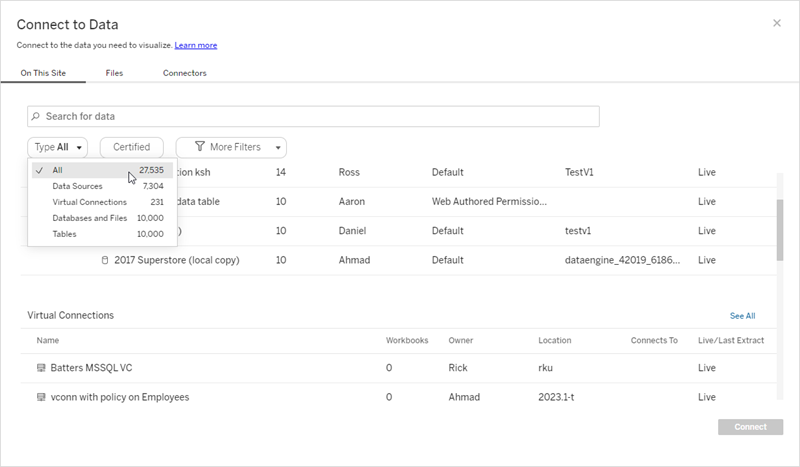 Connect to data on Tableau Cloud with options to connect to data sources, virtual connections, databases and files, or tables.