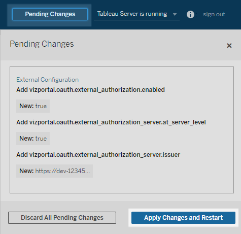 A list of pending external configuration changes for authorization with option to Apply or Discard changes.