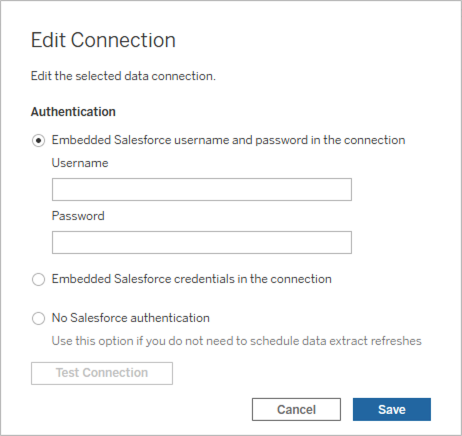 Settings to edit a selected data connection and enter authentication credentials.