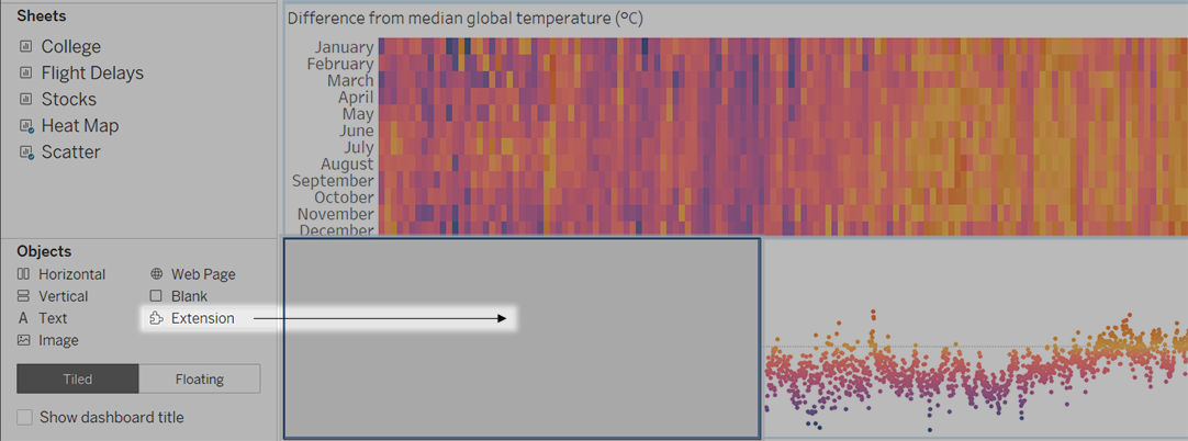 Arrow showing how to add an extension to a dashboard.