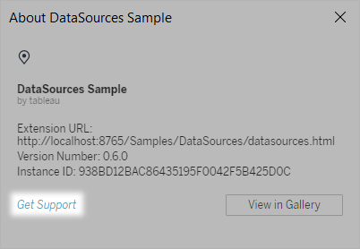 Information on a dashboard extension, including where to get support.