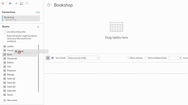 To create a multi-table model, drag tables to the logical layer of the Data Source page canvas.