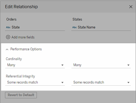 Performance option settings for editing a relationship, including cardinality and referential integrity.
