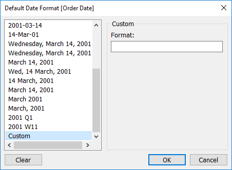 Default date format window with various date format options, and the custom option selected.