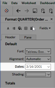 Header pane with the date formatting dropdown menu highlighted.