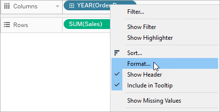 Context menu from a view showing the format option highlighted.