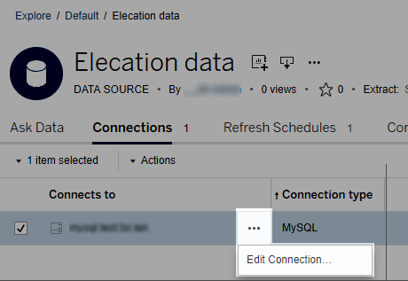 Data source connections list with a dropdown menu expanded to show the Edit Connection option.