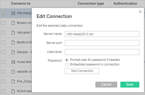 Edit Connection dialog with options to edit the selected data connection's server name, server port, username, and password.