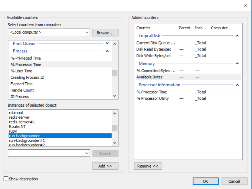 A dialog listing available and added counters.