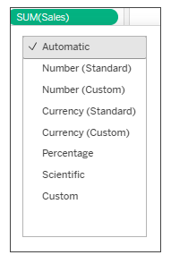 A dropdown menu with options for formatting numbers as automatic, standard number, custom number, standard currency, custom currency, percentage, scientific, or custom.