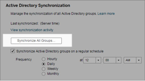 Active Directory Synchronization screen with a checked box for synchronizing Active Directory groups on a regular schedule.