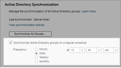 Active Directory Synchronization screen with options for scheduling frequency.