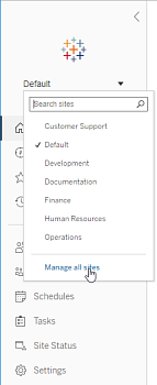 Site menu showing the selected option for Manage all sites.