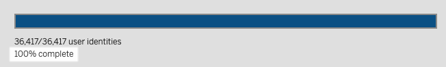 Identity migration progress bar indicating 100% completion.