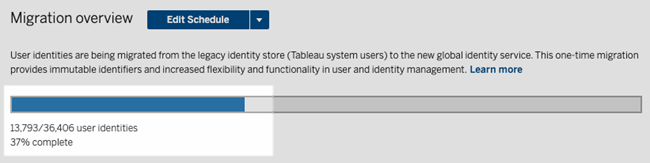 Identity migration progress bar stuck at 37% completion.