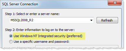 SQL Server Connection configuration window with the option to log on to the server using Windows NT Integrated security selected.