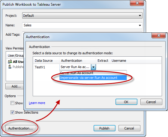 Authentication dialog box with the “Impersonate via server Run As account" option circled.
