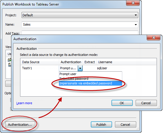 Authentication dialog box with the “Impersonate via embedded password" option circled.