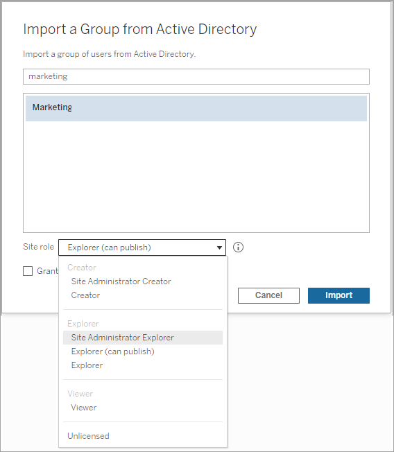 Dialog for importing a group from Active Directory with the Site role dropdown expanded and the Site Administrator Explorer selected.