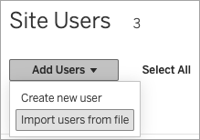 Add Users button selected to reveal options for adding users to the site, with the Import from File option selected.