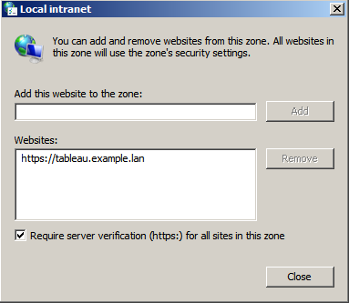 Local intranet dialog for adding or removing websites from a zone.