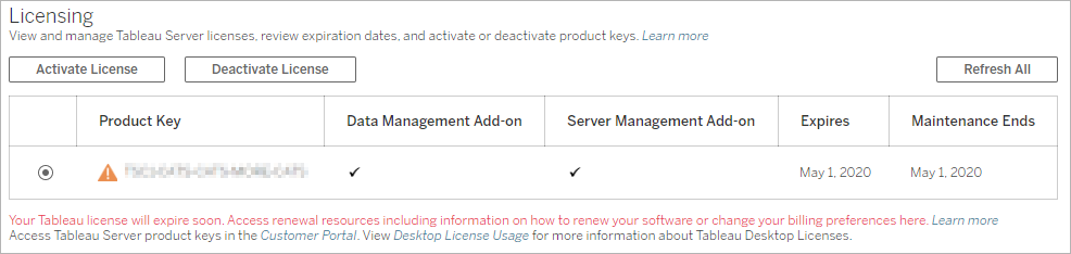 Licensing window showing a license that is expiring soon.