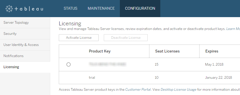 Licensing configuration page that displays a list of Tableau Server licenses and their expiration dates.